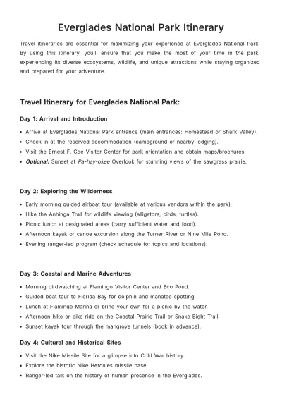 Free Everglades National Park Itinerary Template to Edit Online