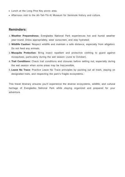 Free Everglades National Park Itinerary Template to Edit Online