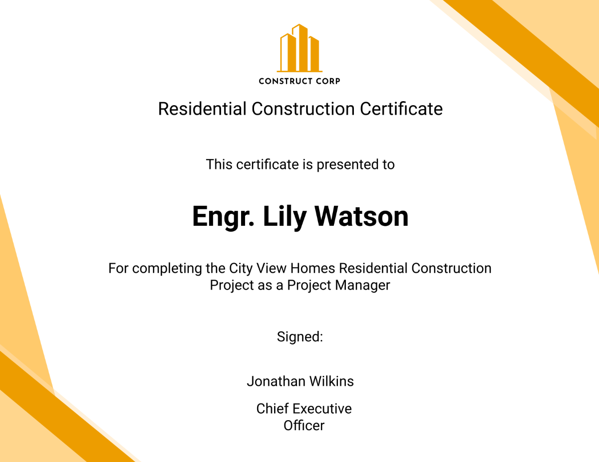 Residential Construction Certficicate Template