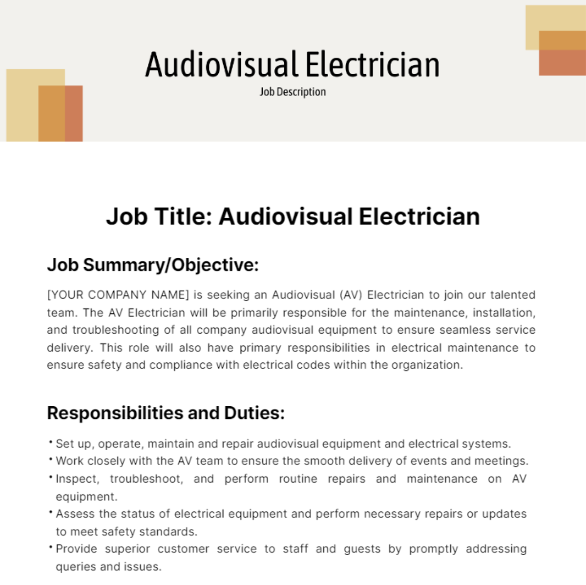 Free Audiovisual Electrician Job Description Template