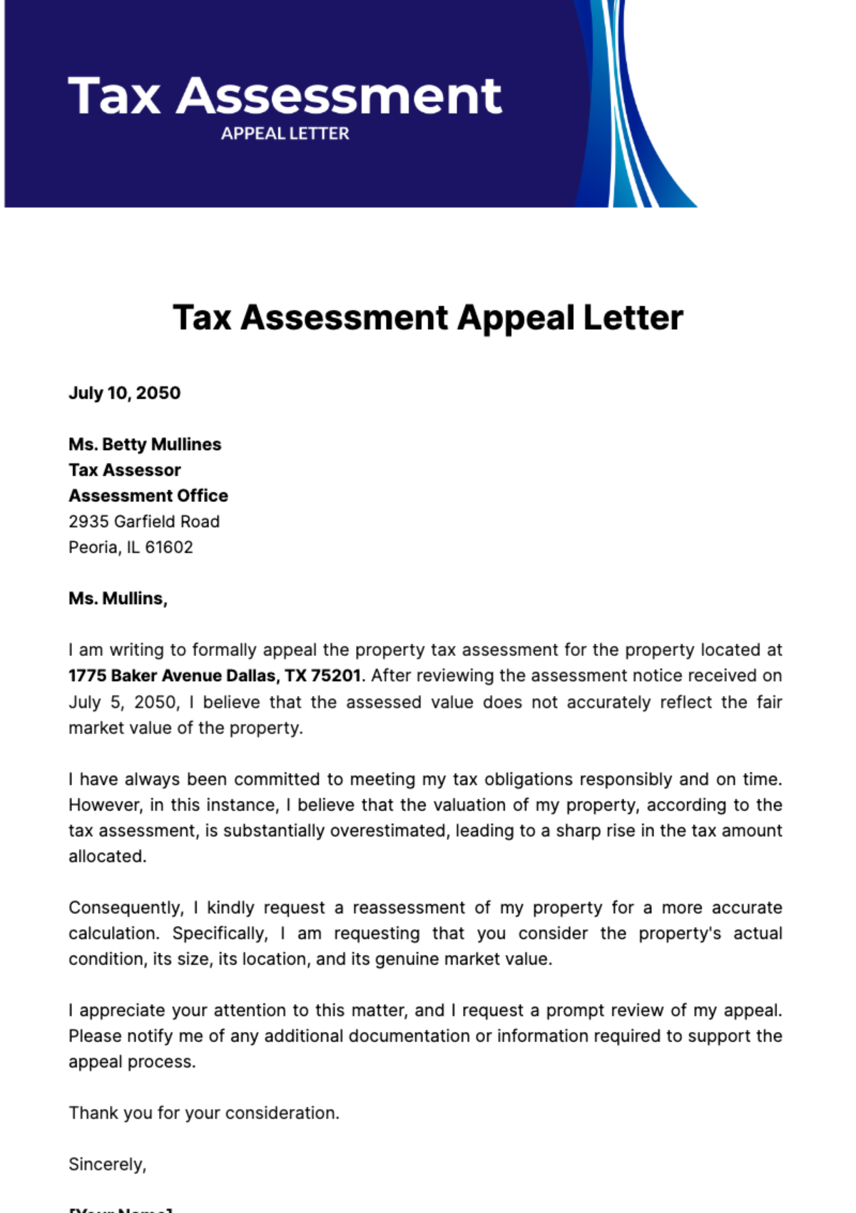 Tax Assessment Appeal Letter Template