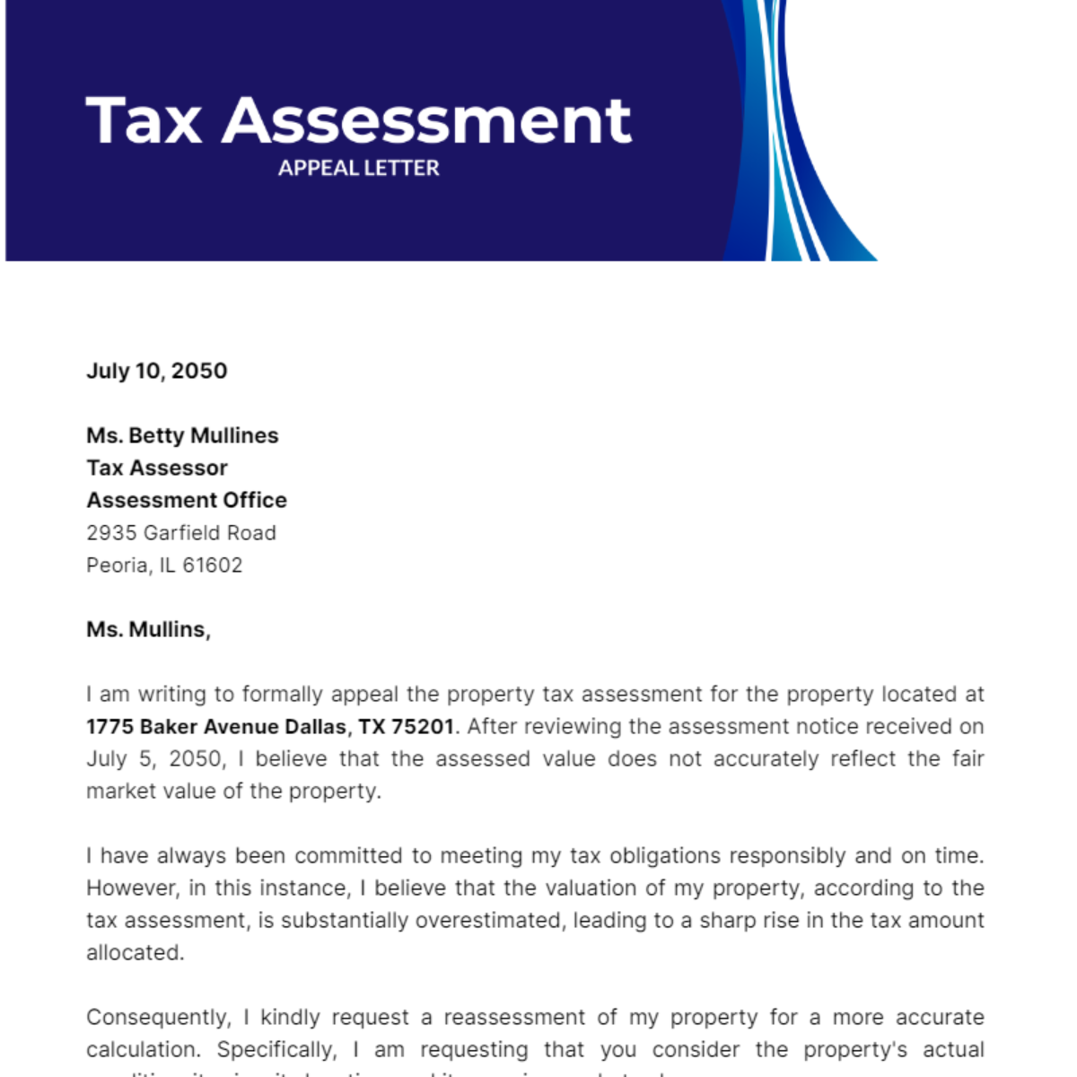 Tax Assessment Appeal Letter Template