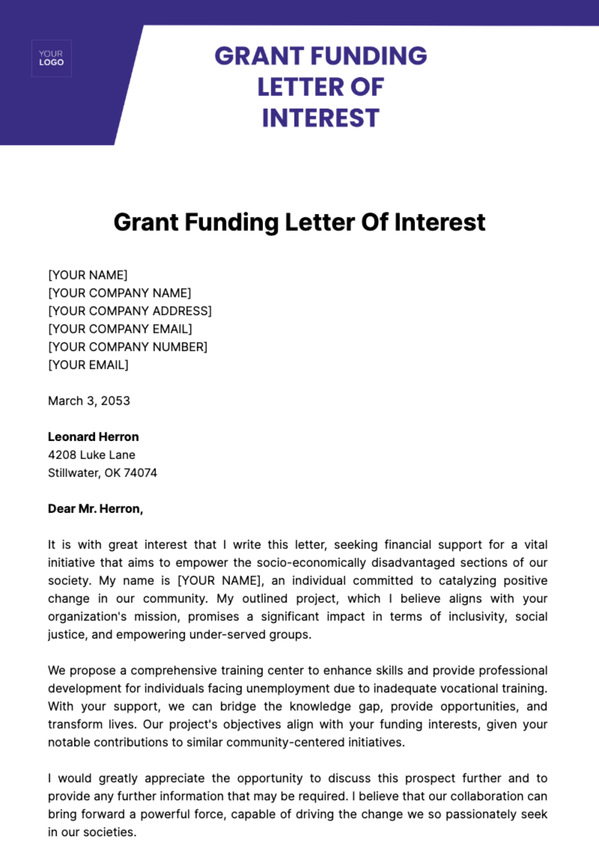 Grant Funding Letter of Interest Template