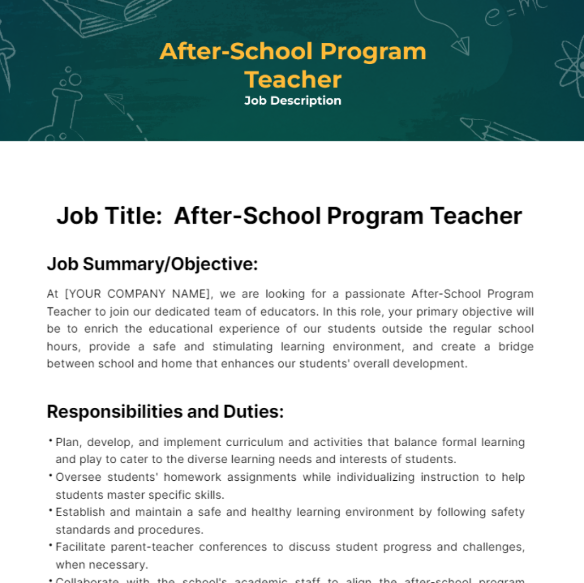 Free After-School Program Teacher Job Description Template
