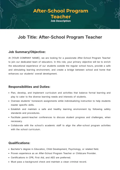 Free After-School Program Teacher Job Description Template to Edit Online