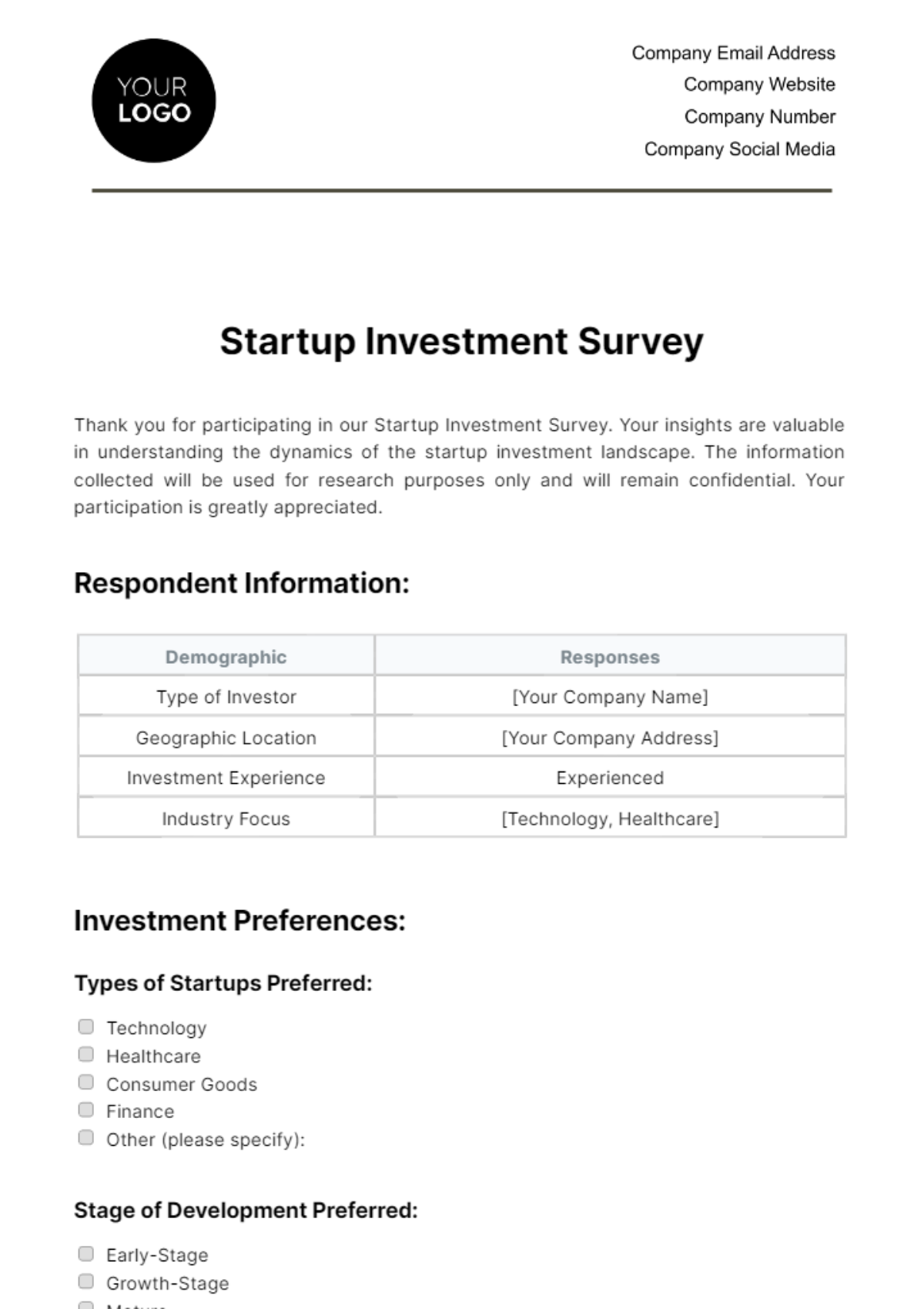 Free Startup Investment Survey Template