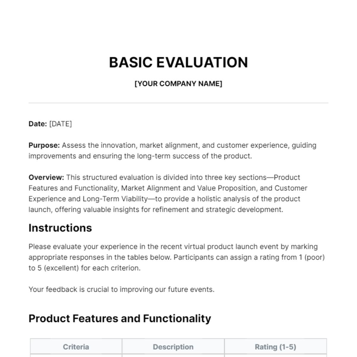 Basic Evaluation Template - Edit Online & Download