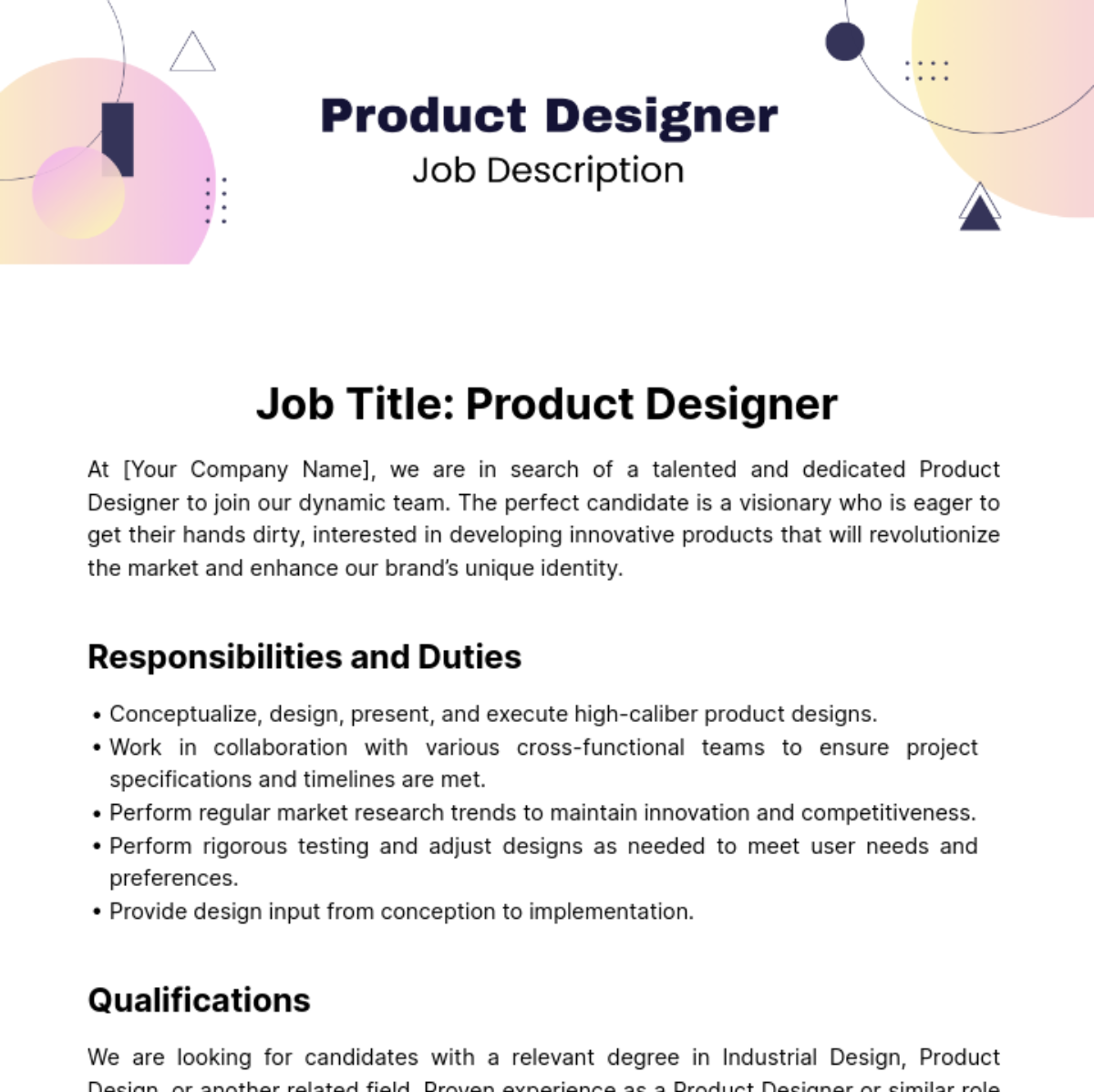 Product Designer Job Description Template