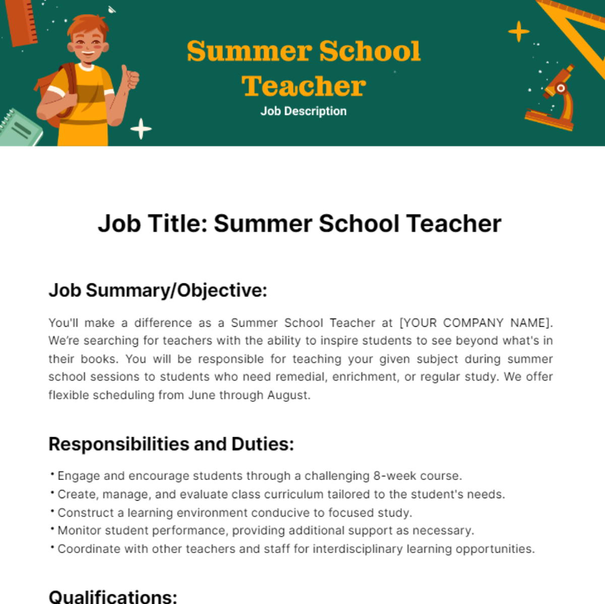 Free Summer School Teacher Job Description Template