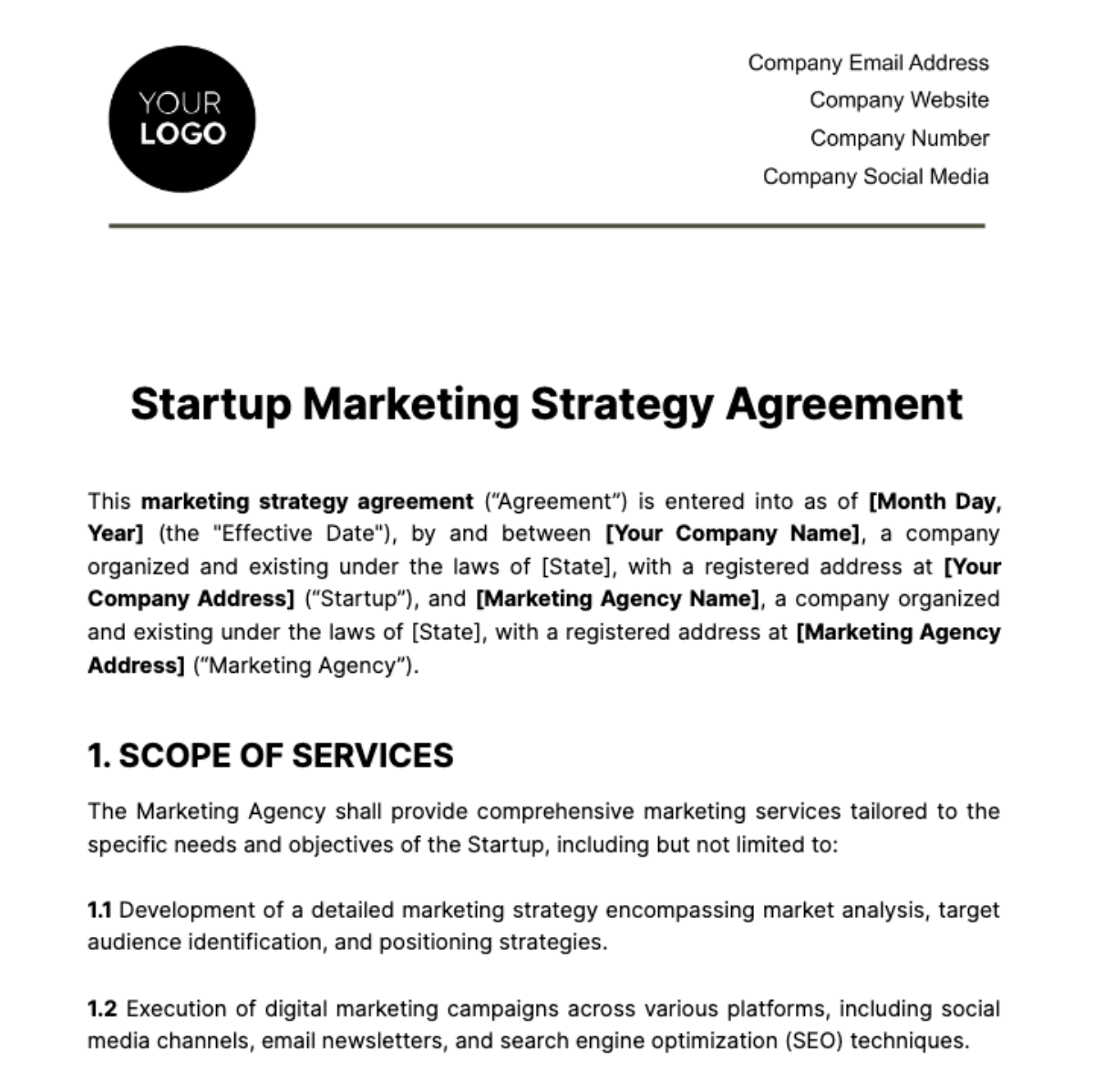 Startup Marketing Strategy Agreement Template - Edit Online & Download