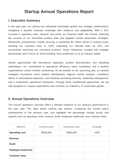 Free Startup Annual Operations Report Template to Edit Online