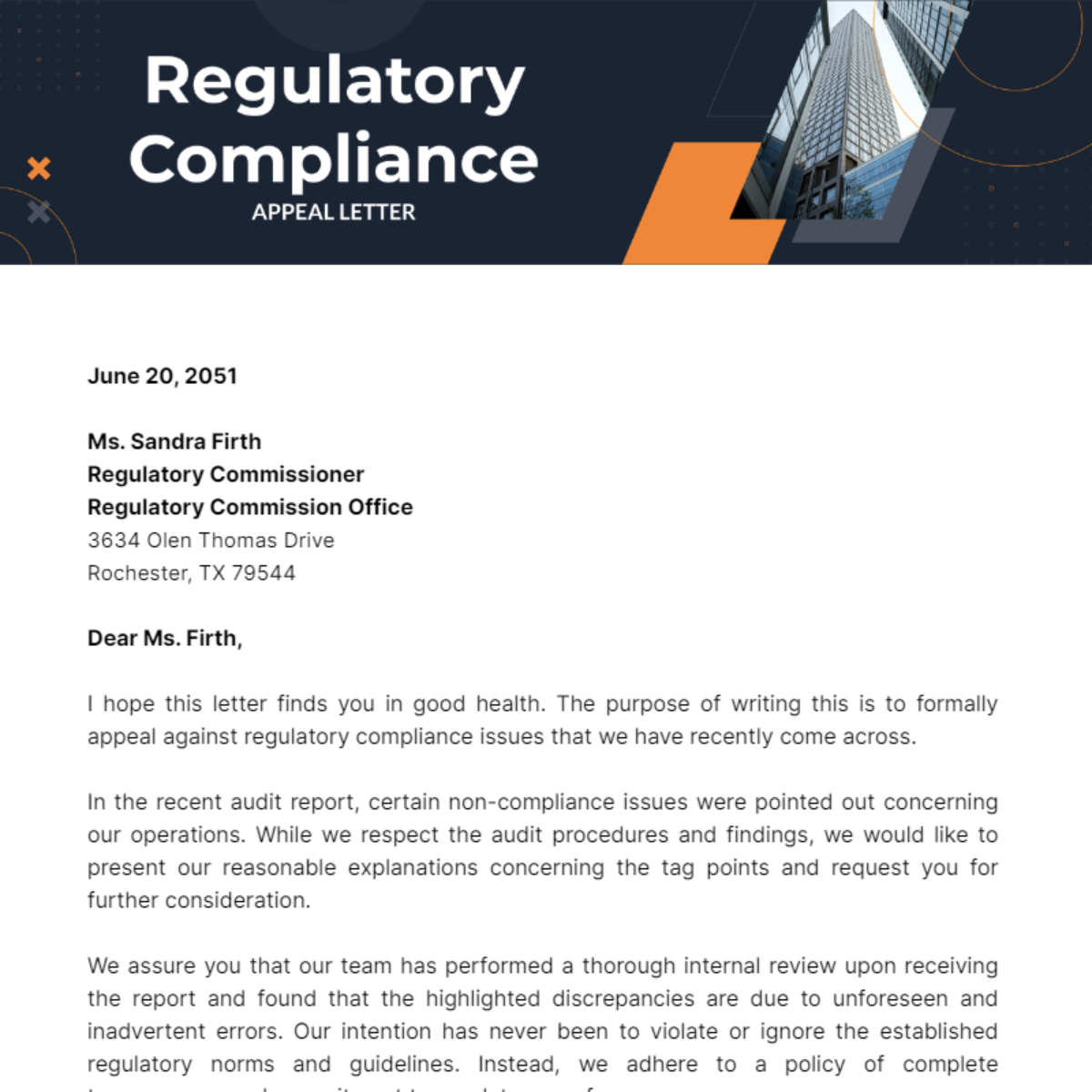 Regulatory Compliance Appeal Letter Template