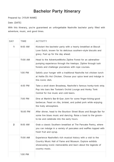 Free Nashville Bachelor Party Itinerary Template to Edit Online