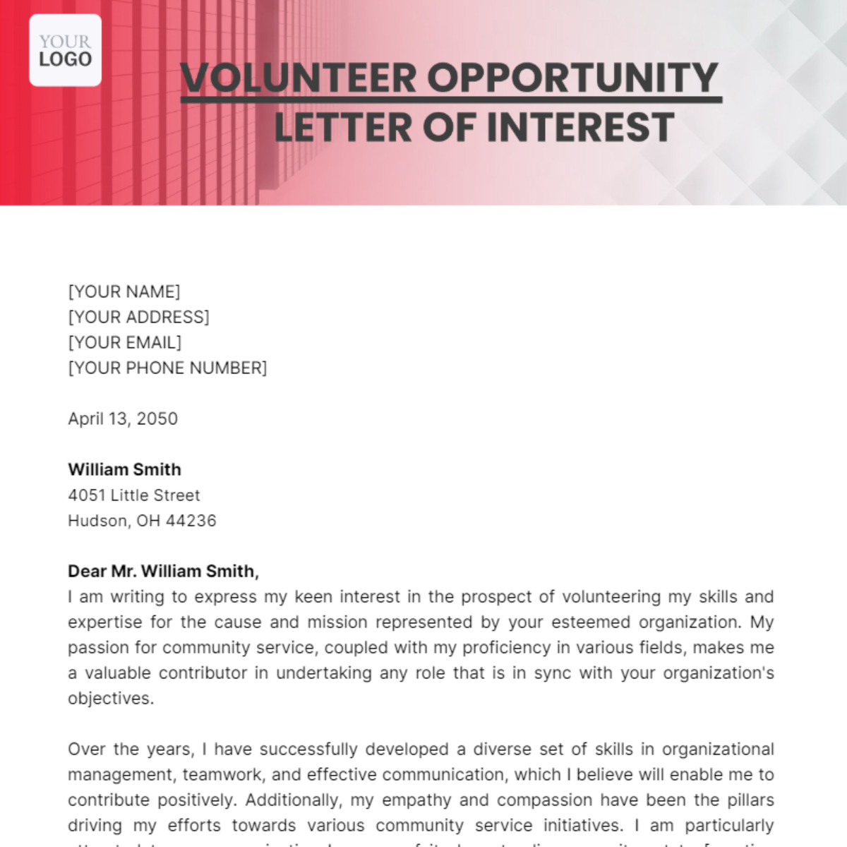 Volunteer Opportunity Letter of Interest Template