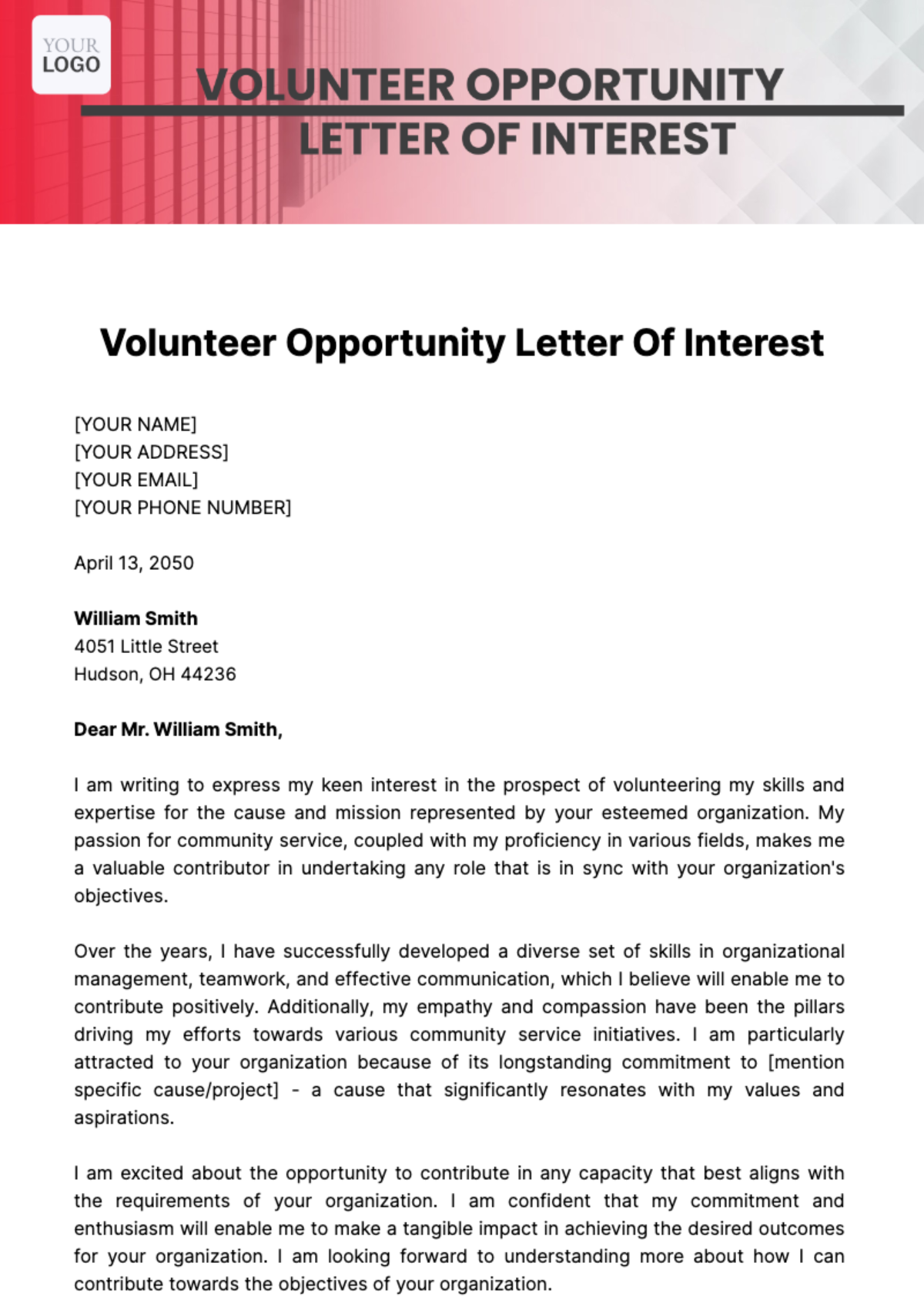Volunteer Opportunity Letter Of Interest Template