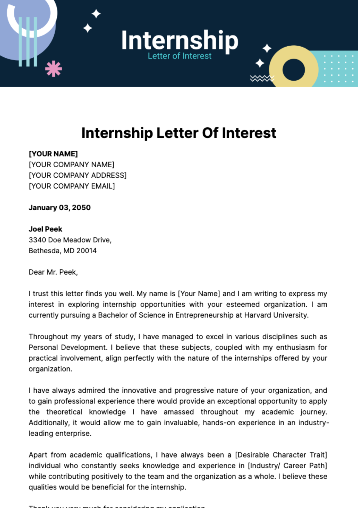 Internship Letter of Interest Template
