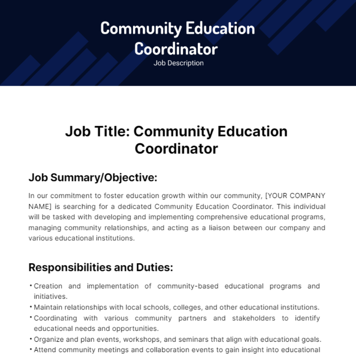 Free Community Education Coordinator Job Description Template