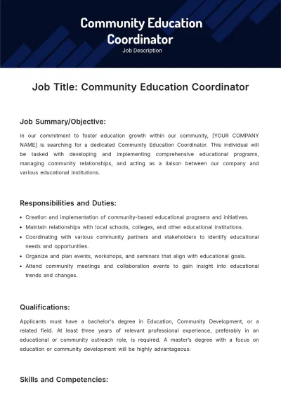 Free Community Education Coordinator Job Description Template to Edit Online