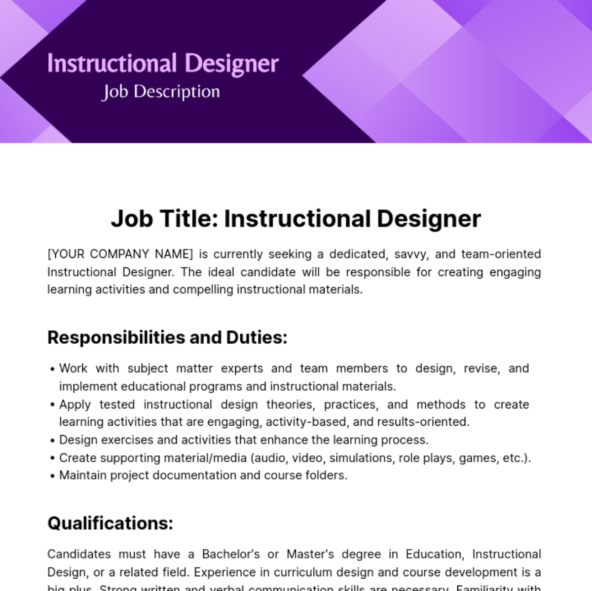 Free Instructional Designer Job Description Template