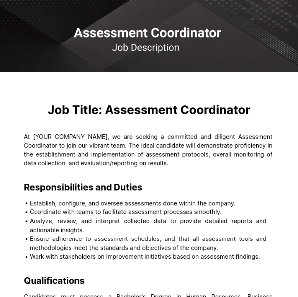 Free Assessment Coordinator Job Description Template