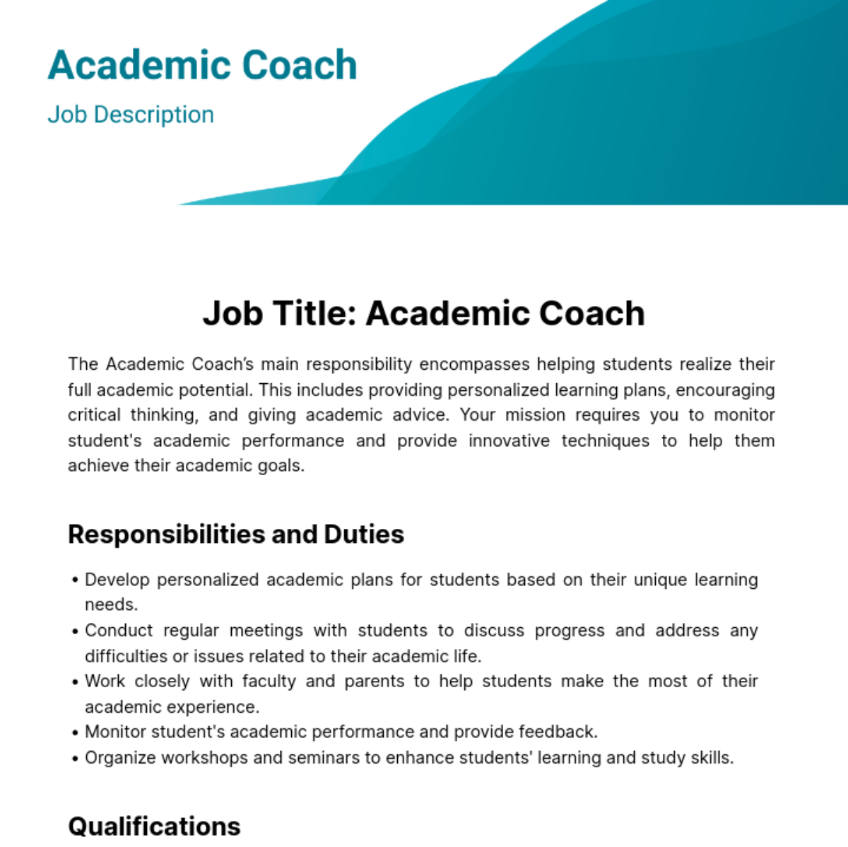 Free Academic Coach Job Description Template