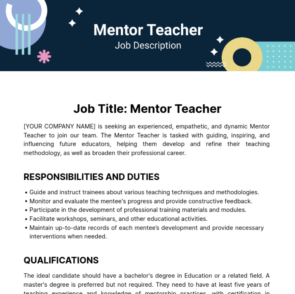 Mentor Teacher Job Description Template