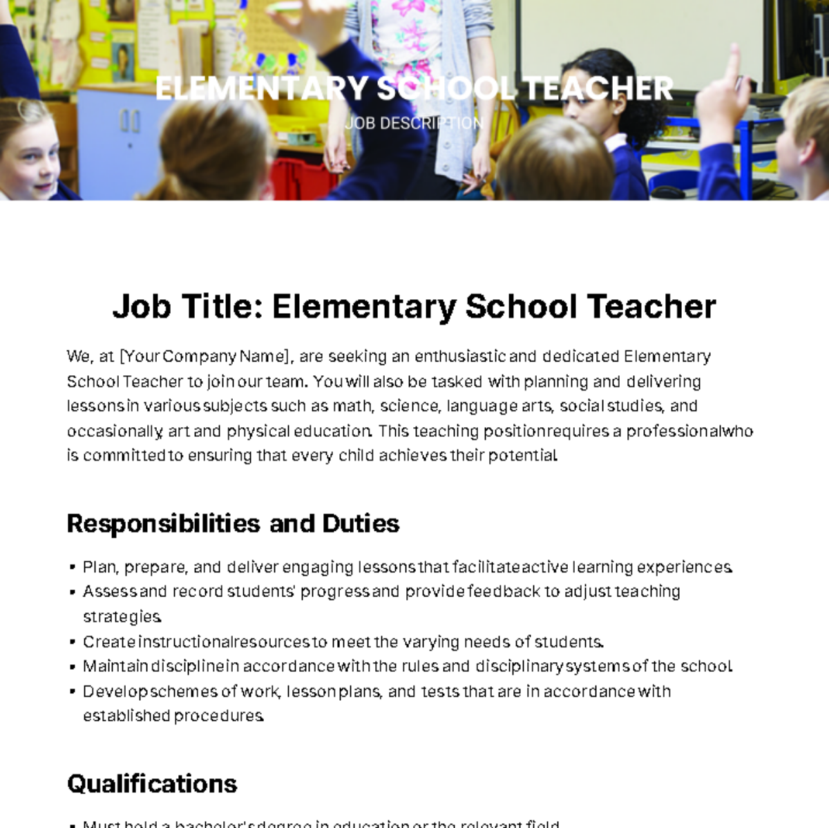 Free Elementary School Teacher Job Description Template