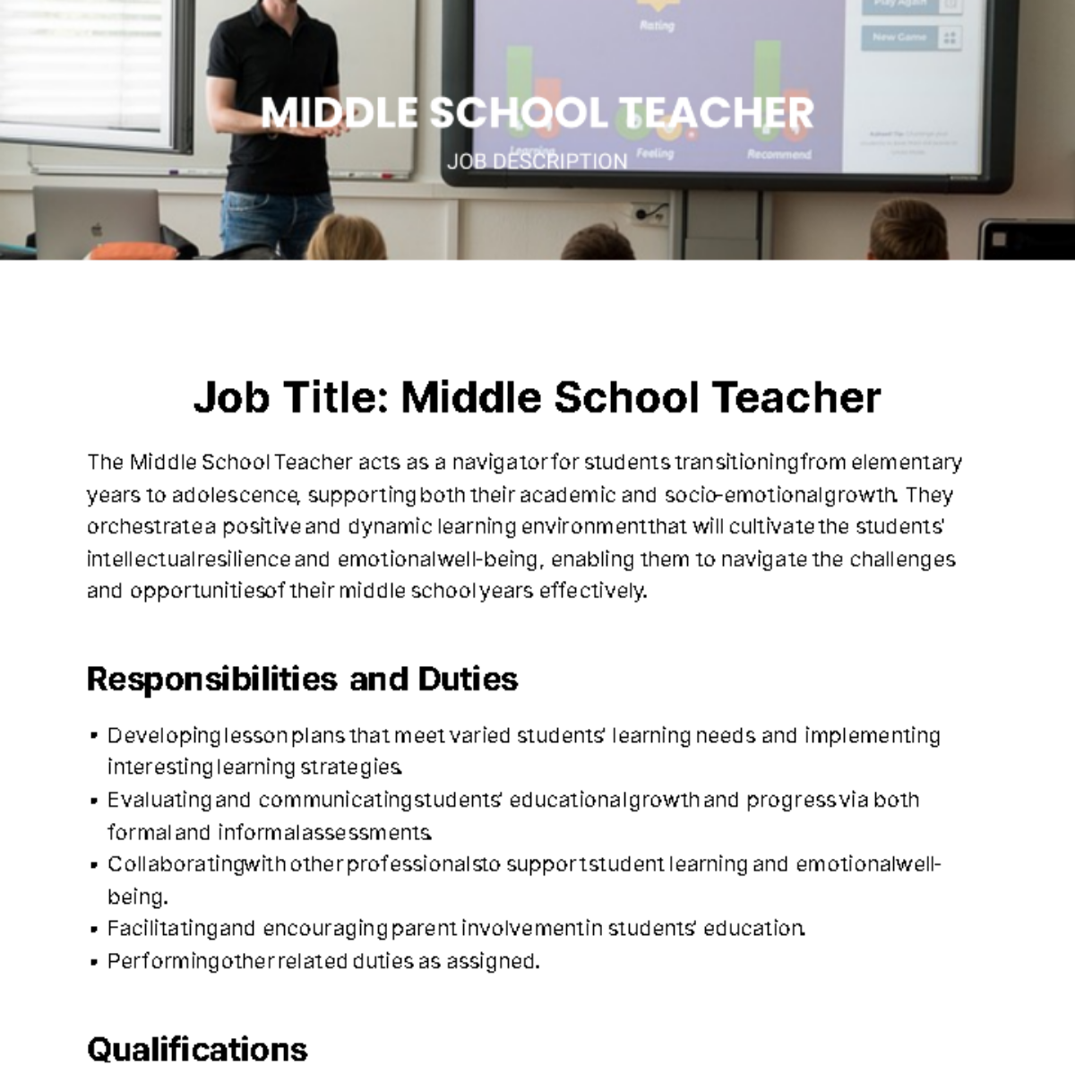 Free Middle School Teacher Job Description Template