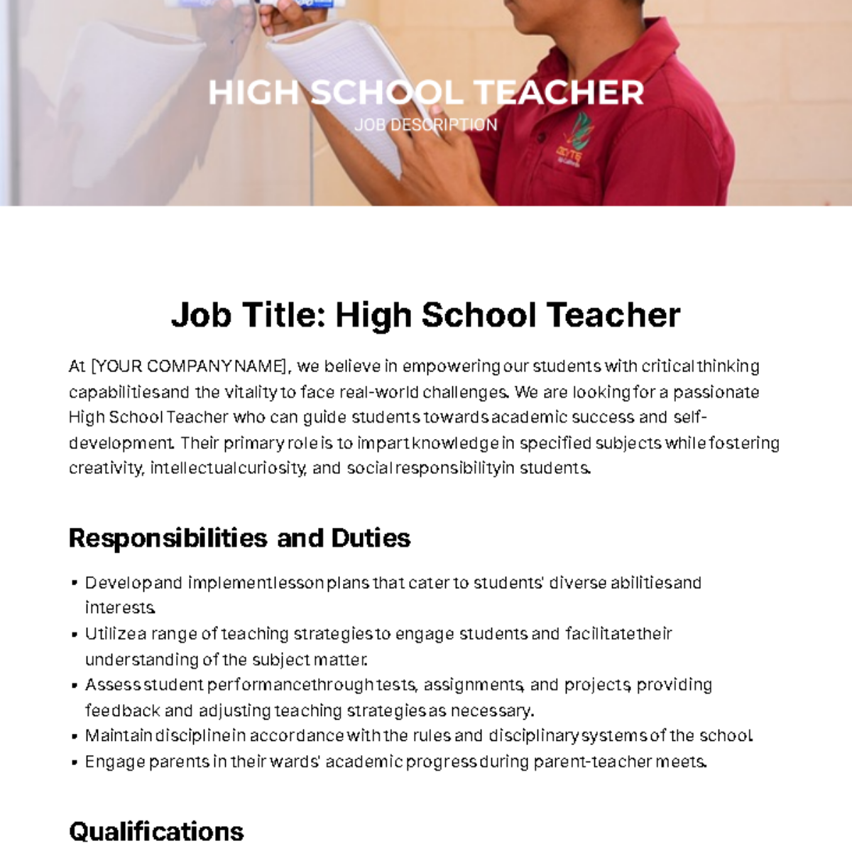 High School Teacher Job Description Template