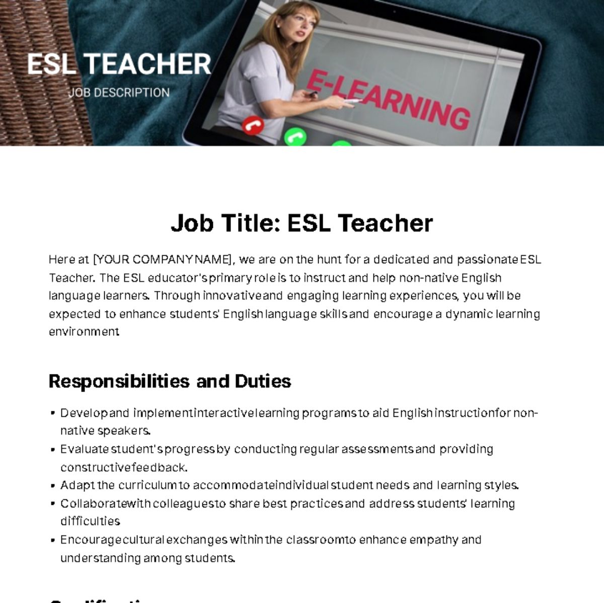 Free ESL Teacher Job Description Template