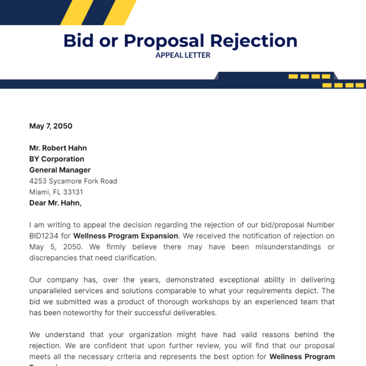 Bid or Proposal Rejection Appeal Letter Template