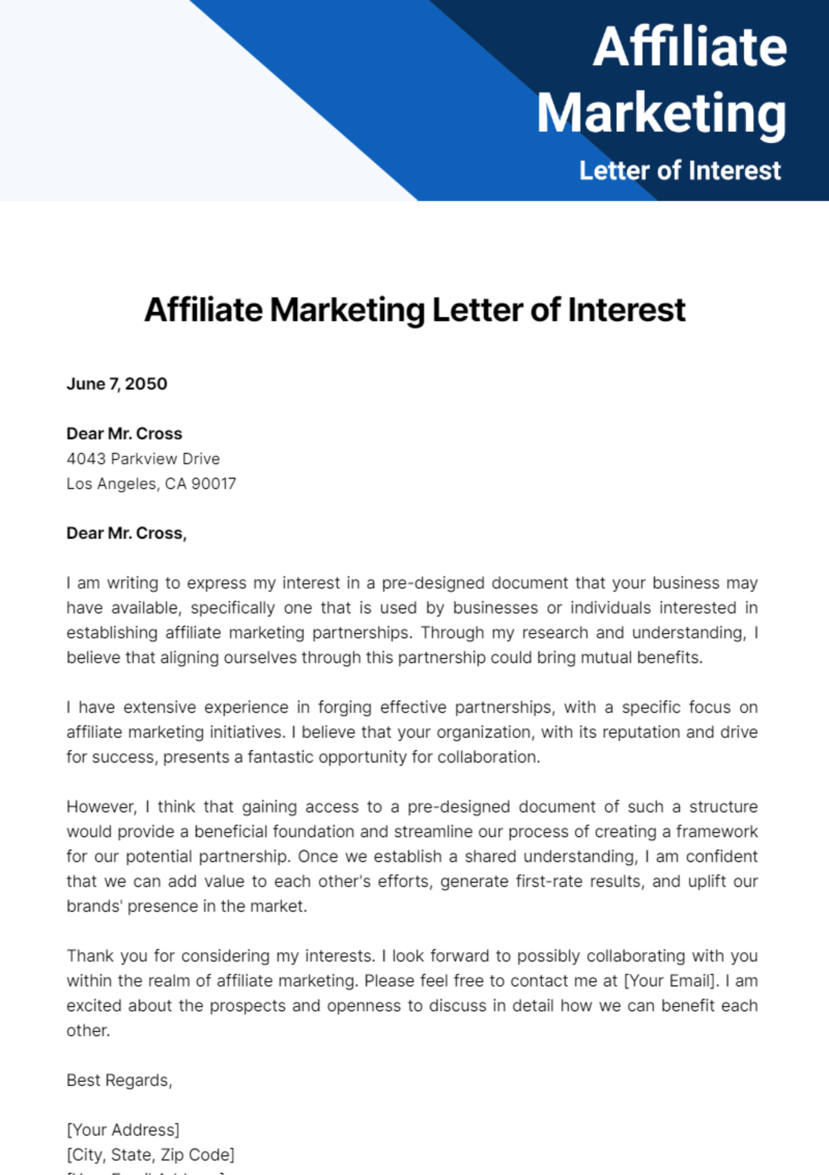 Affiliate Marketing Letter of Interest Template