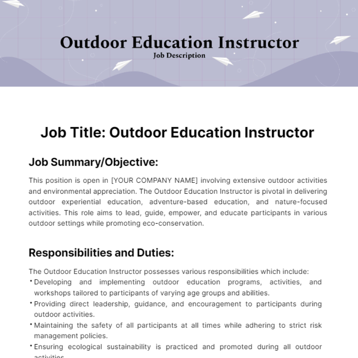 Free Outdoor Education Instructor Job Description Template