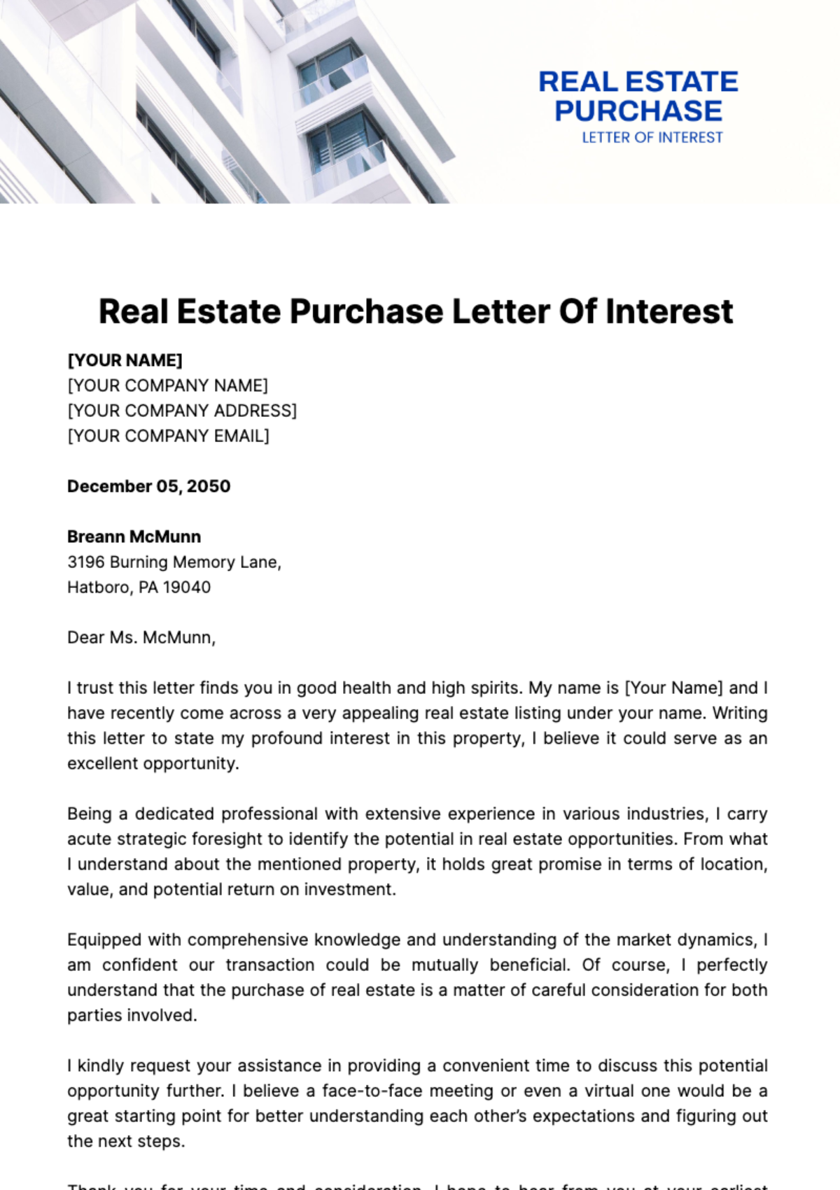 Real Estate Purchase Letter of Interest Template
