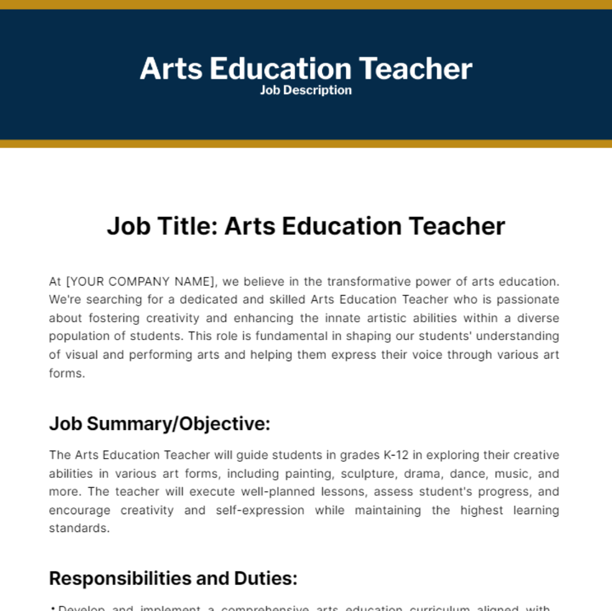 Arts Education Teacher Job Description Template