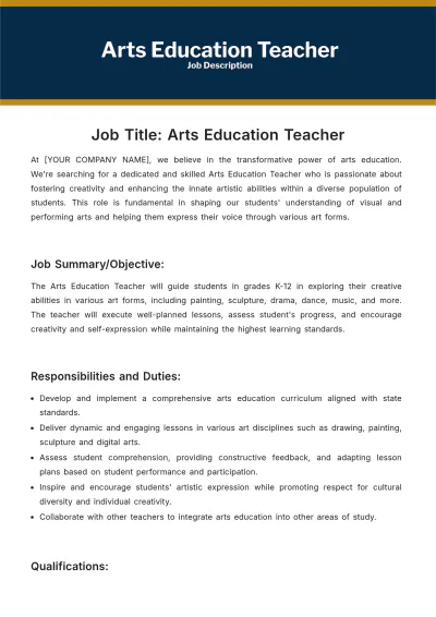Free Arts Education Teacher Job Description Template to Edit Online