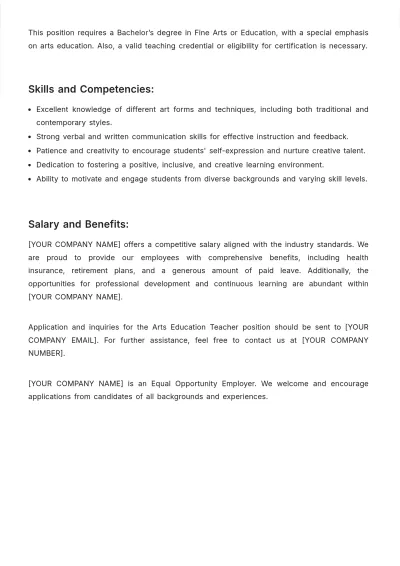 Free Arts Education Teacher Job Description Template to Edit Online