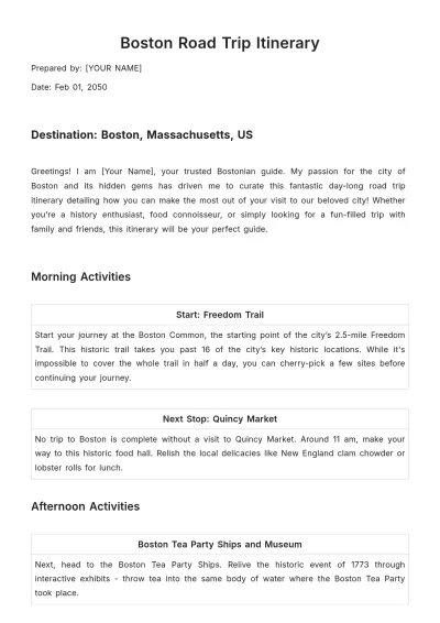 Free Boston Road Trip Itinerary Template to Edit Online