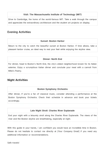 Free Boston Road Trip Itinerary Template to Edit Online