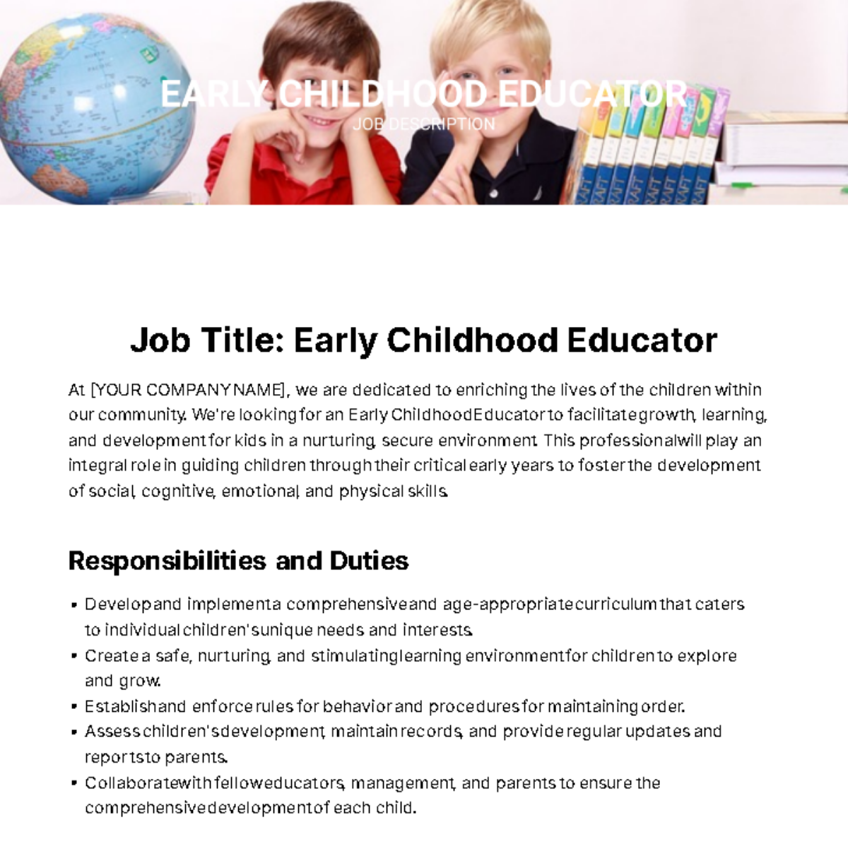 Free Early Childhood Educator Job Description Template