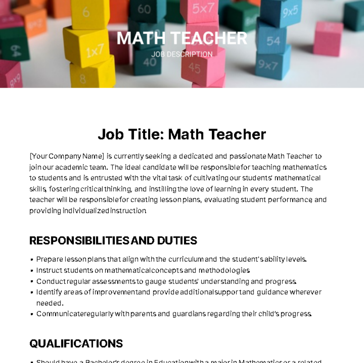 Free Math Teacher Job Description Template