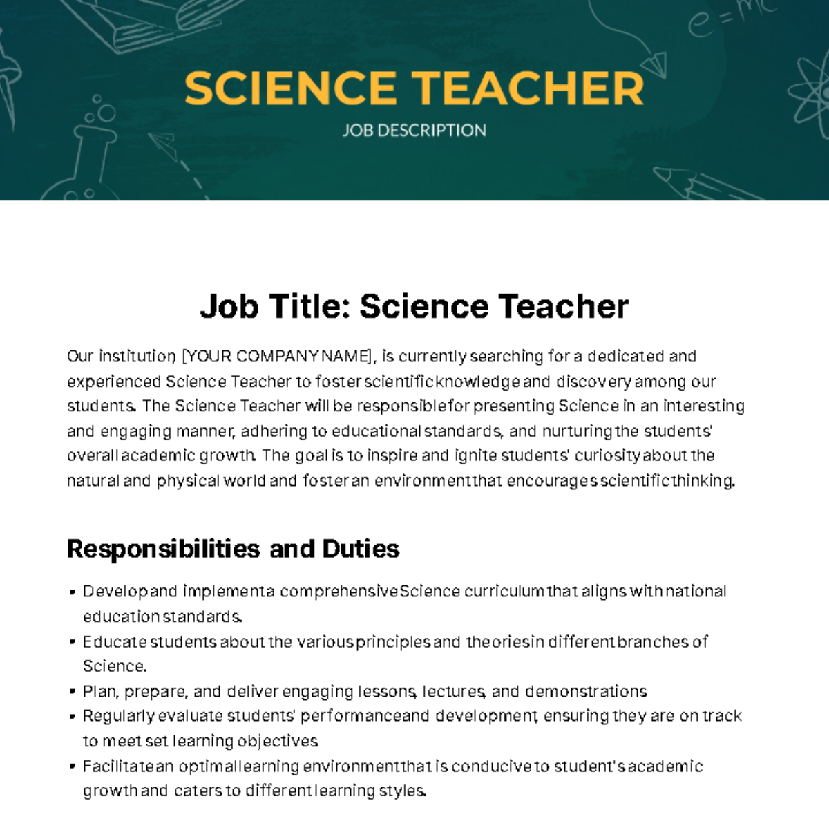 Free Science Teacher Job Description Template