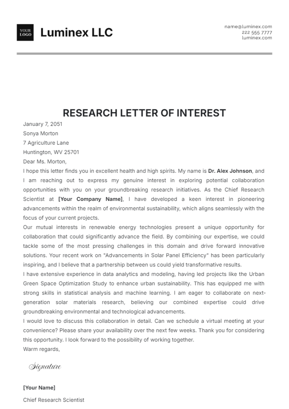 Research Letter of Interest Template