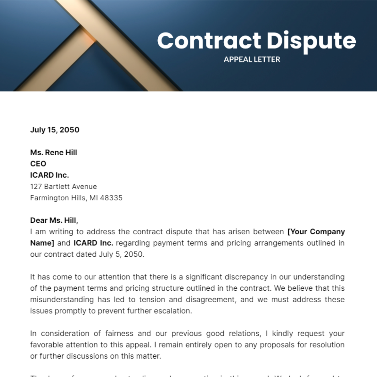 Contract Dispute Appeal Letter Template
