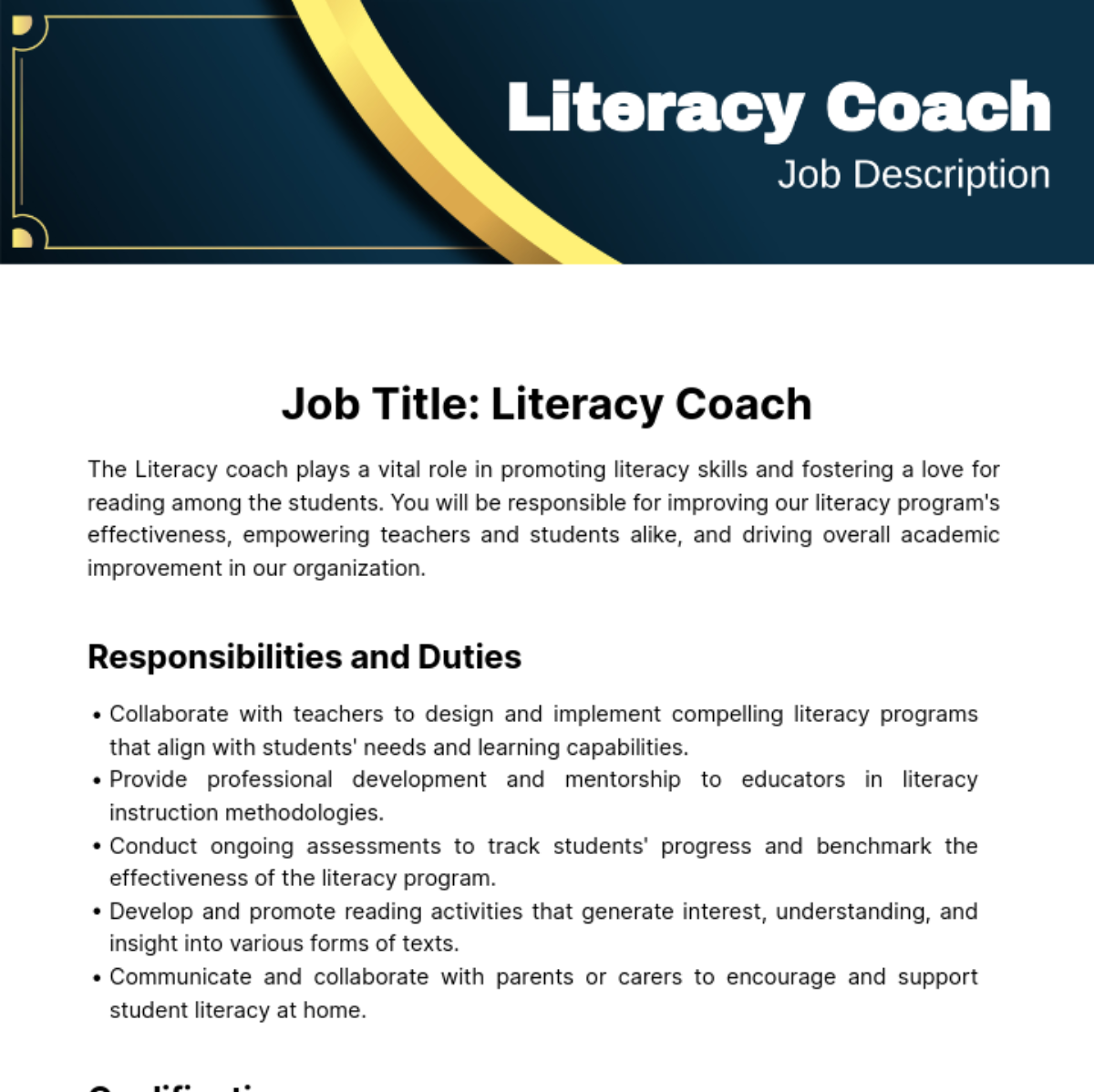 Free Literacy Coach Job Description Template