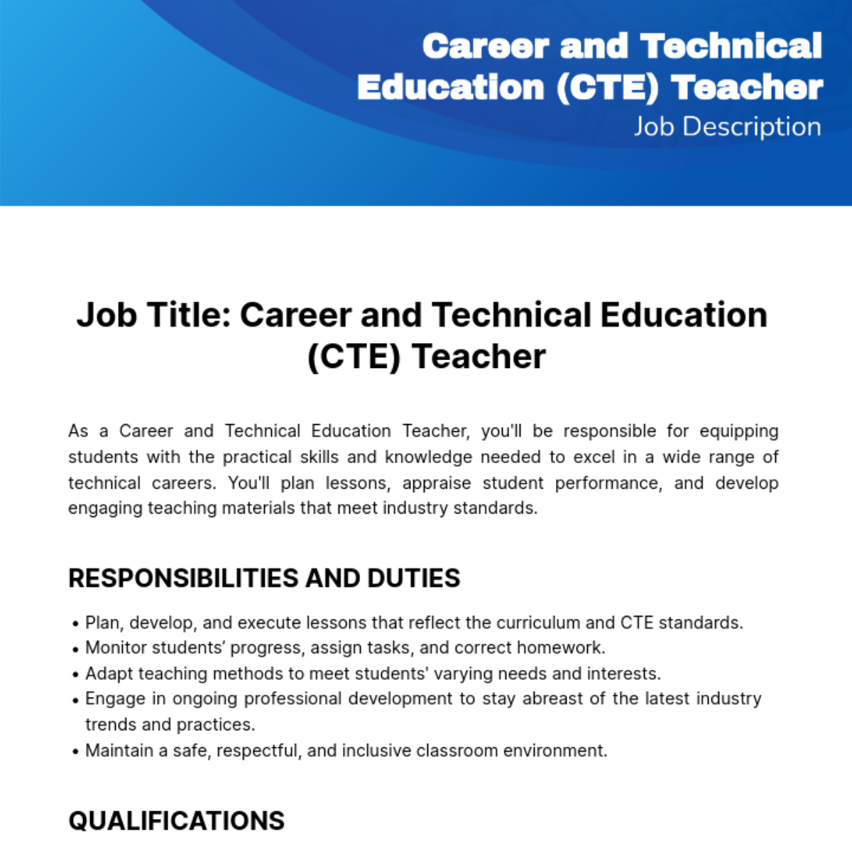 Free Career and Technical Education (CTE) Teacher Job Description Template