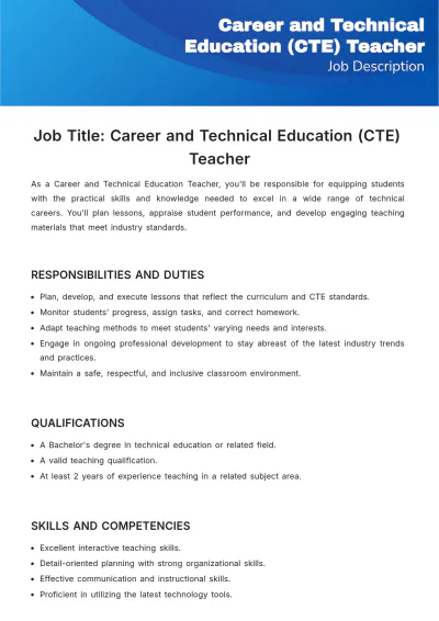 Free Career and Technical Education (CTE) Teacher Job Description Template to Edit Online