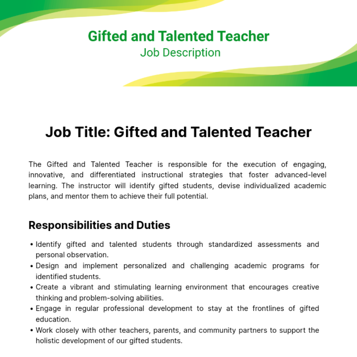 Gifted and Talented Teacher Job Description Template