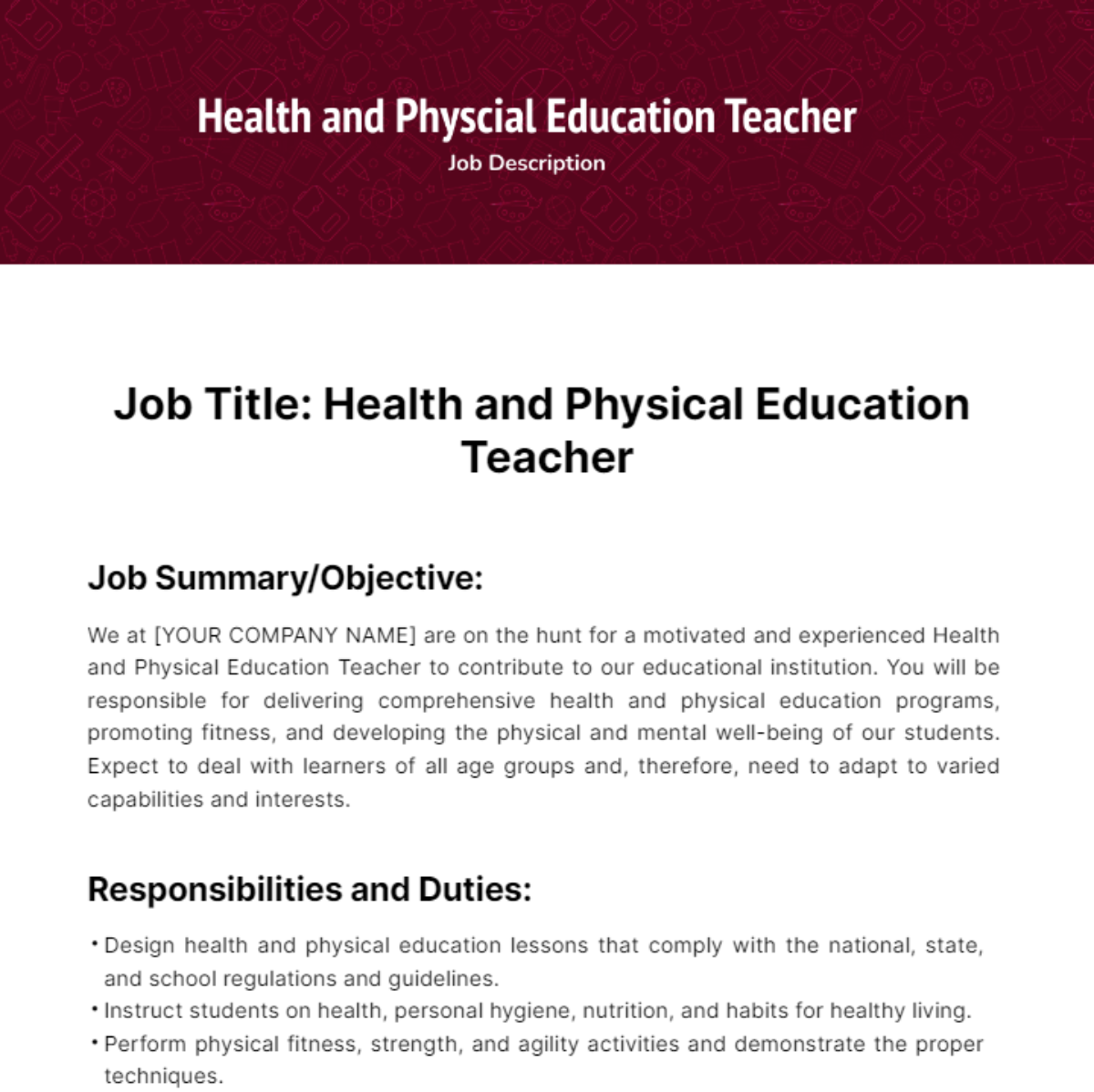 Free Health and Physical Education Teacher Job Description Template