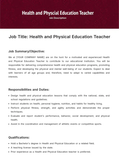 Free Health and Physical Education Teacher Job Description Template to Edit Online